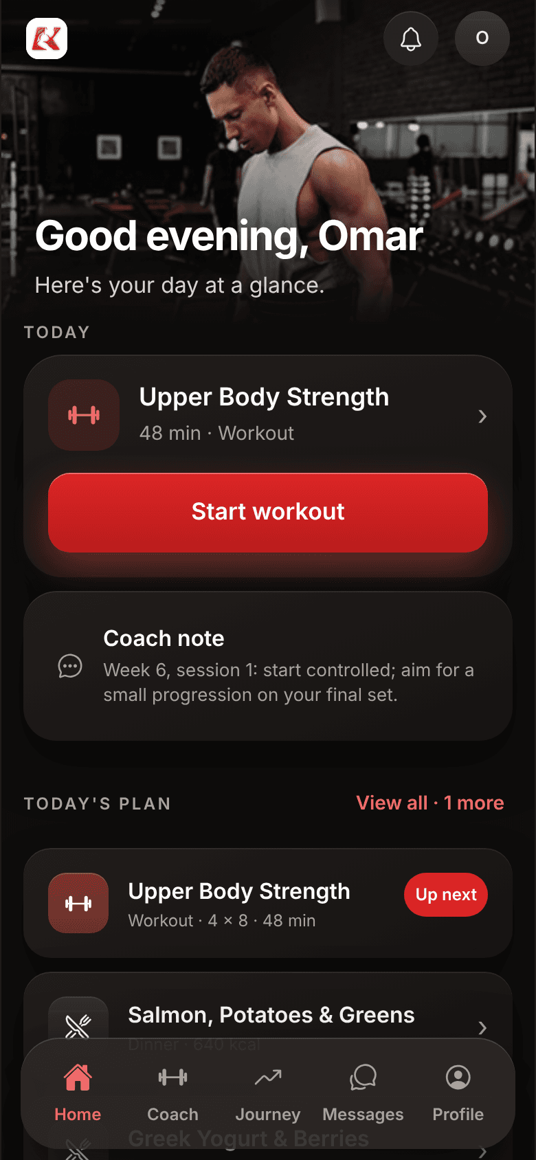 Koapath app — Home screen with today's workout