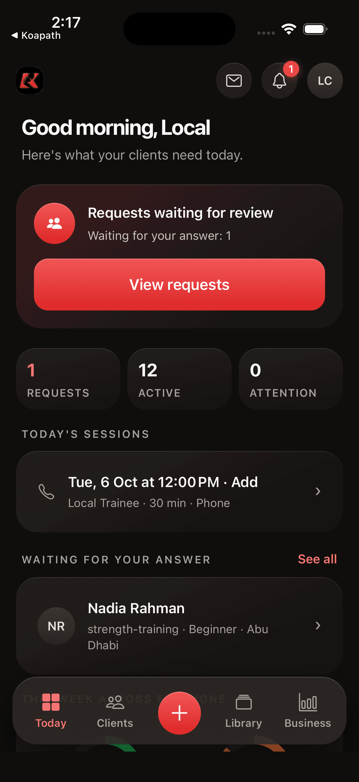 Koapath Coach app — Today screen